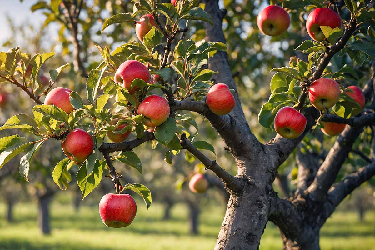 A close up horizontal image of ripe red apples growing on the tree pictured in light evening sunshine.