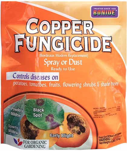 A close up of a packet of Bonide Copper Fungicide isolated on a white background.
