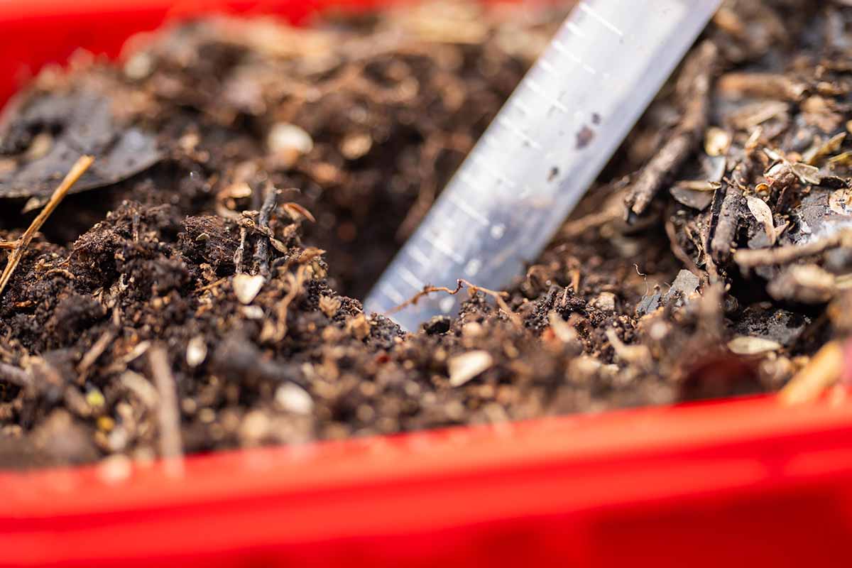 A close up horizontal image of a plastic tube inserted into some soil to test it for nutrients.