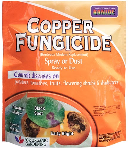 A close up of a packet of Bonide Copper Fungicide Powder isolated on a white background.