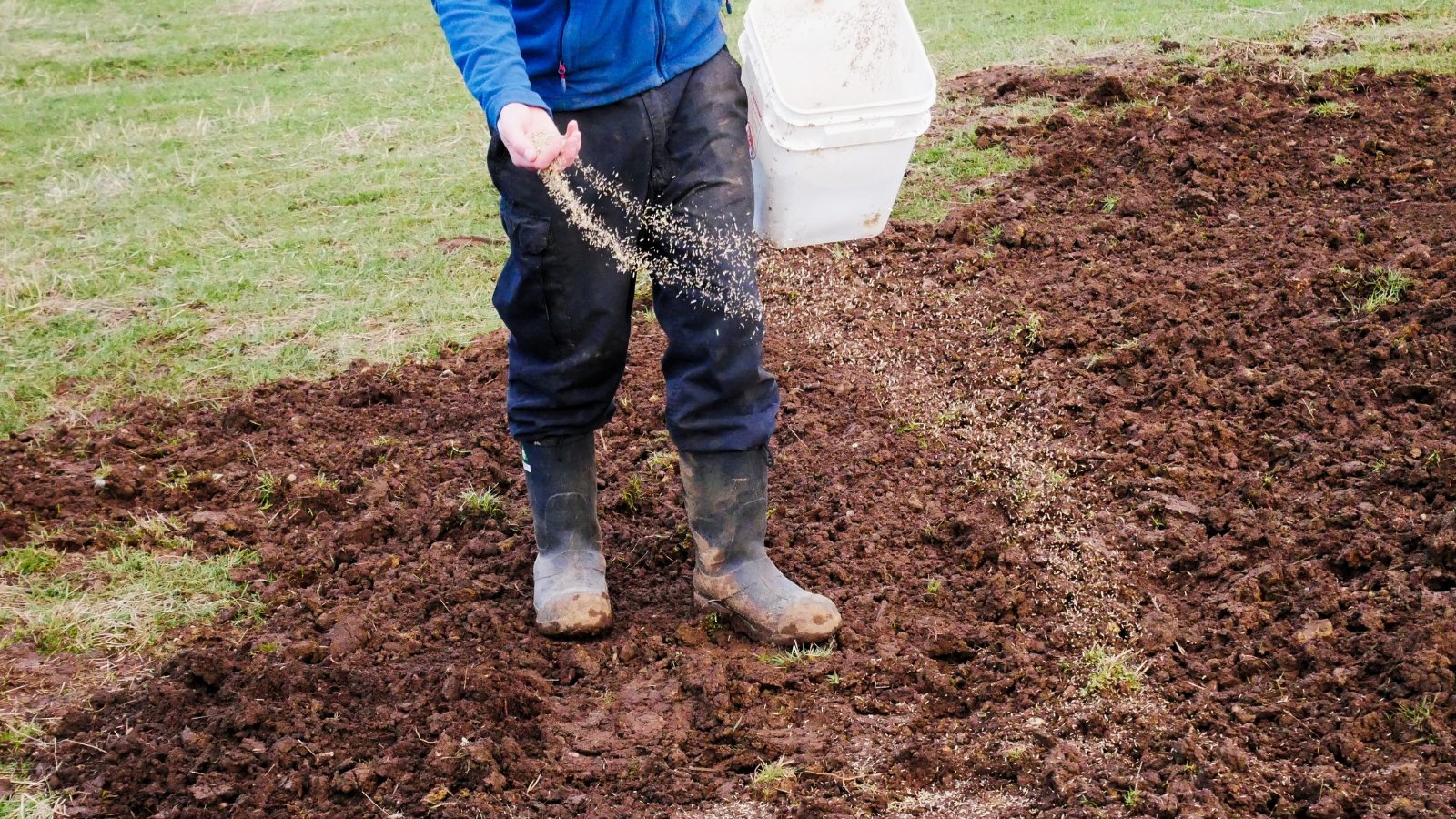 A person in casual work boots gently scatters seeds across freshly tilled soil, preparing for new growth in the soft earth below.