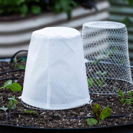 Critter cover frost blanket on garden bed